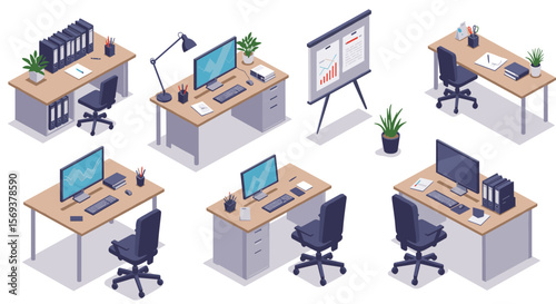 Modern office workspace design vector illustration featuring desks, computers, and office supplies in isometric style