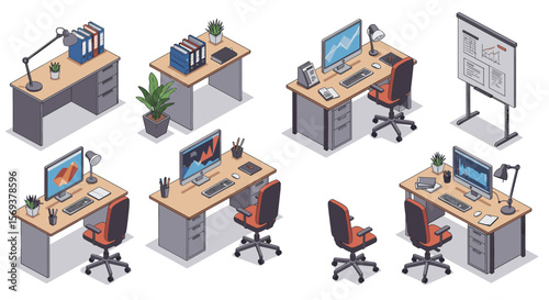 Modern office workspace with desks and computers vector illustration