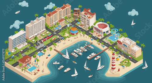 Isometric coastal resort vector illustration with yacht marina and beachfront activities for travel and tourism design