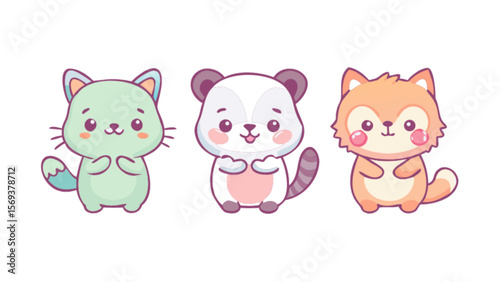 Cute kawaii animals cat panda fox cartoon illustration vector design for children and baby products