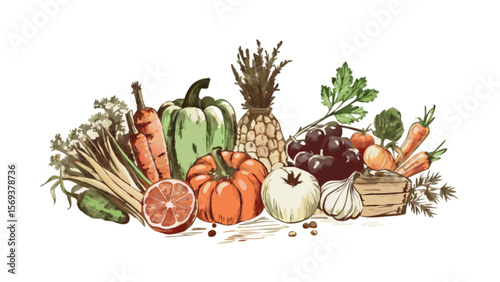 Watercolor style illustration of fresh fruits and vegetables for healthy eating and lifestyle, one hundred