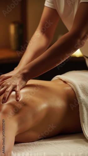 Professional massage therapist's expert hands gliding over glistening skin on a white linen table, with exquisite bokeh and soft warm golden light, capturing tranquil, rhythmic movements. Concept of