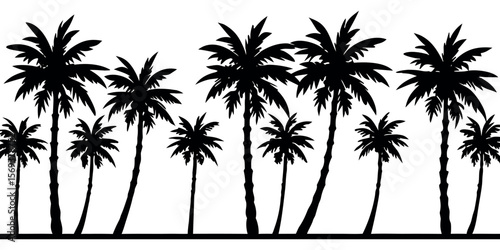 Minimalist Palm Tree Silhouettes in a Row – Black Vector with Sand on White Background