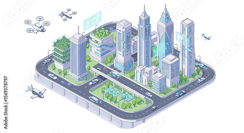 Futuristic smart city with drones and green spaces vector illustration for urban planning design