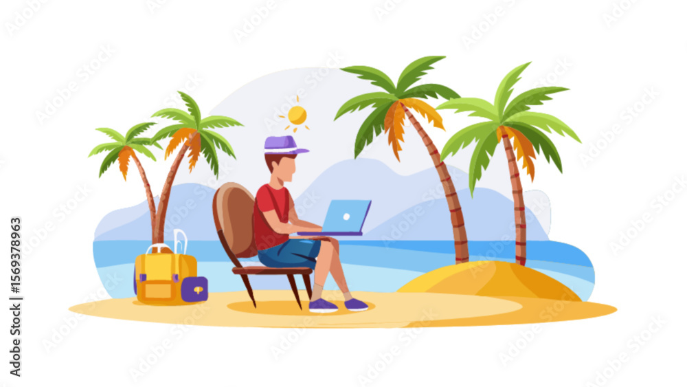 Obraz premium Man working remotely on beach with laptop digital nomad lifestyle and palm trees for summer vacation