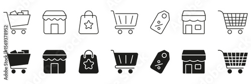 Shopping And Retail Icon Set. E-Commerce, Online Shopping, And Discount Symbol Collection. Shopping Cart, Storefront, Bag, And Price Tag Icons. Isolated Vector Illustration