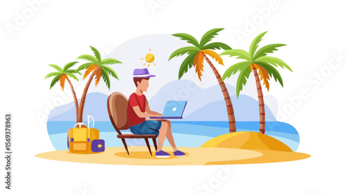 Man working remotely on beach with laptop digital nomad lifestyle and palm trees for summer vacation