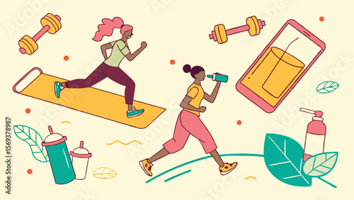 Fitness workout and healthy lifestyle concept with women exercising and healthy drink illustration design