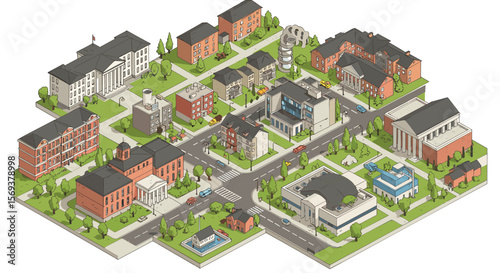 Isometric cityscape vector illustration featuring urban architecture and streets for design projects