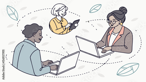 Remote team collaboration illustration for virtual meeting online communication and teamwork success