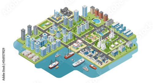 Isometric cityscape vector illustration: urban planning with skyscrapers, parks, and harbor for design projects