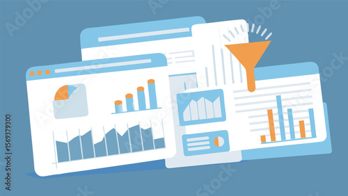 Illustration of data analysis dashboards with charts and a filter funnel showing insights
