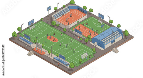 Isometric vector illustration of urban sports complex with soccer and basketball courts for design projects