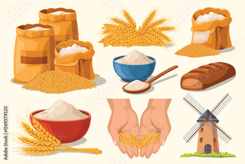Wheat Flour, Grains, Bread and Windmill Illustration Set