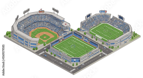 Dual stadium isometric vector illustration for sports complex design