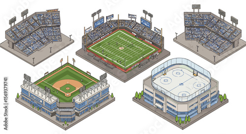 Isometric sports stadiums vector illustration: football, baseball, and ice hockey arenas for design projects