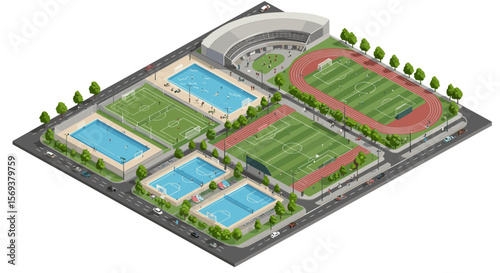 Isometric vector illustration of modern sports complex with pools, fields, and stadium for urban design projects