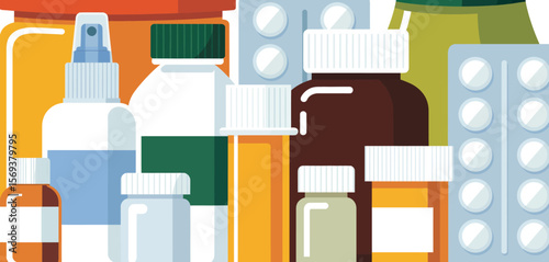Various Pharmacy Bottles and Medicine Blister Packs