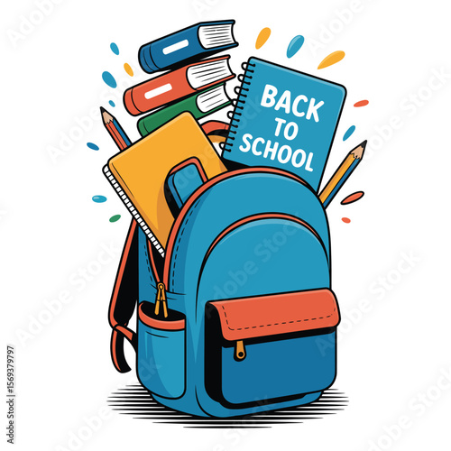 Backpack with school items spilling out, black and white vector illustration representing education and learning