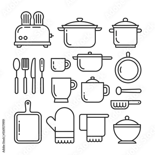 Simple Outline Set of Kitchen Utensils  Appliances
