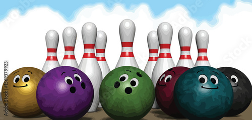 Colorful Bowling Pins and Balls with Cartoon Faces