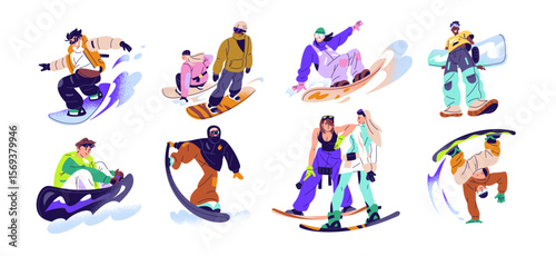People are snowboarding set. Riders in outerwear are jumping, standing on snow board. Men and women ride, do sports at ski resort in winter. Flat isolated vector illustrations on white background