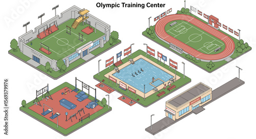 Olympic training center vector illustration - isometric sports facility design for posters and educational materials
