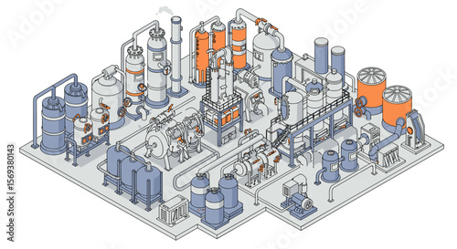 Industrial factory with complex machinery vector illustration in isometric style for design projects