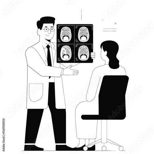 Doctor showing scan results to patient, black and white vector illustration symbolizing medical consultation and patient communication