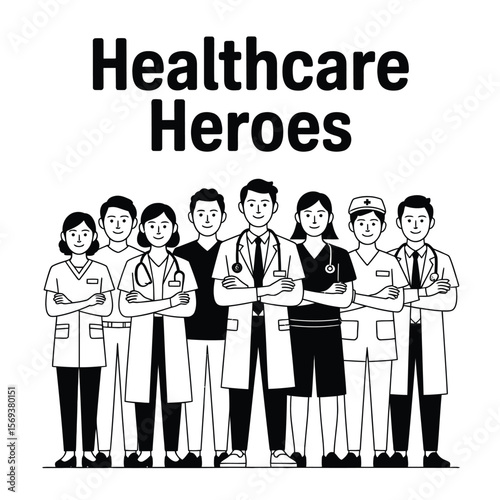 Diverse healthcare workers standing united, black and white vector illustration symbolizing teamwork and dedication in medical professions