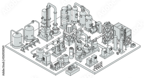 Isometric industrial plant vector illustration for engineering and manufacturing design