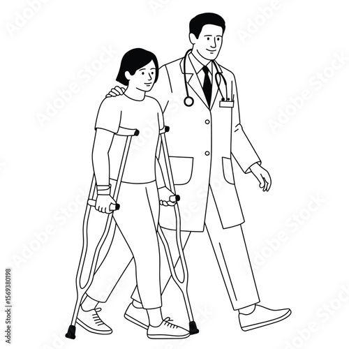 Doctor walking with patient on crutches, black and white vector illustration symbolizing support and medical care