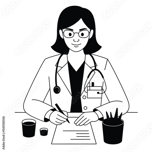 Female doctor writing a prescription at desk, black and white vector illustration representing healthcare and medical practice