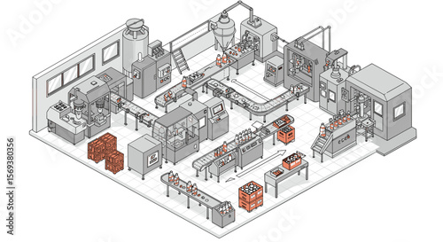 Industrial beverage factory production line isometric vector illustration for design and print