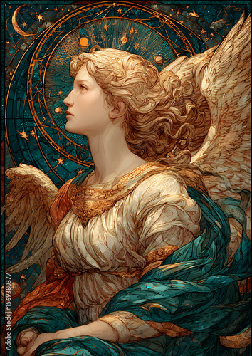 Celestial stained glass angel illustration.