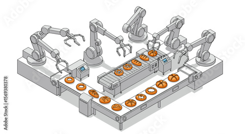 Automated robotics in bakery: isometric vector illustration of bread production line