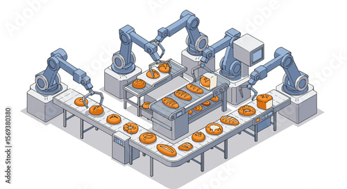 Robotic bakery production line vector illustration for industrial automation design