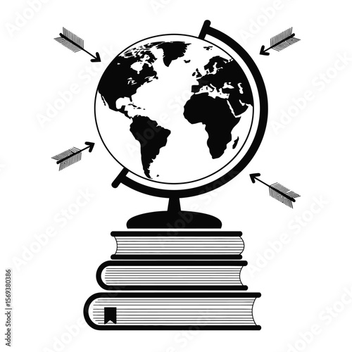 Globe with arrows pointing to books, black and white vector illustration representing geography and learning concepts
