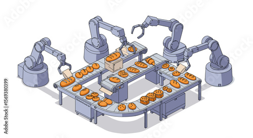 Automated bakery production line vector illustration – industrial robots in food processing design