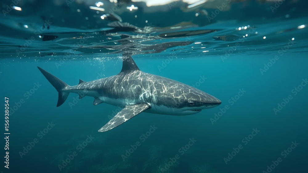 Naklejka premium A powerful predatory shark swims through the deep, mysterious waters of oceans and seas, symbolizing strength, danger, survival, marine life, fear, and the untamed force of nature beneath the surface