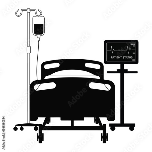 Hospital bed with IV stand and monitor displaying patient status, black and white vector illustration symbolizing clinical care and medical monitoring