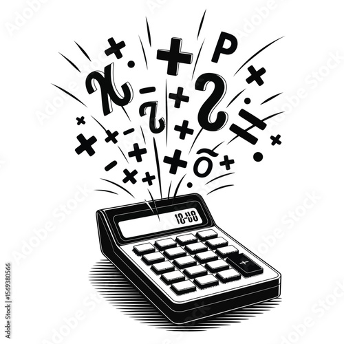 Mathematical symbols bursting from a vintage calculator, black and white vector illustration symbolizing numerical energy and math concepts
