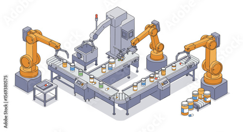Automated pharmaceutical production isometric vector illustration for manufacturing design