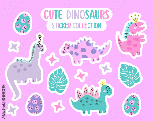 Sticker illustration of cute dinosaurs on pink background.