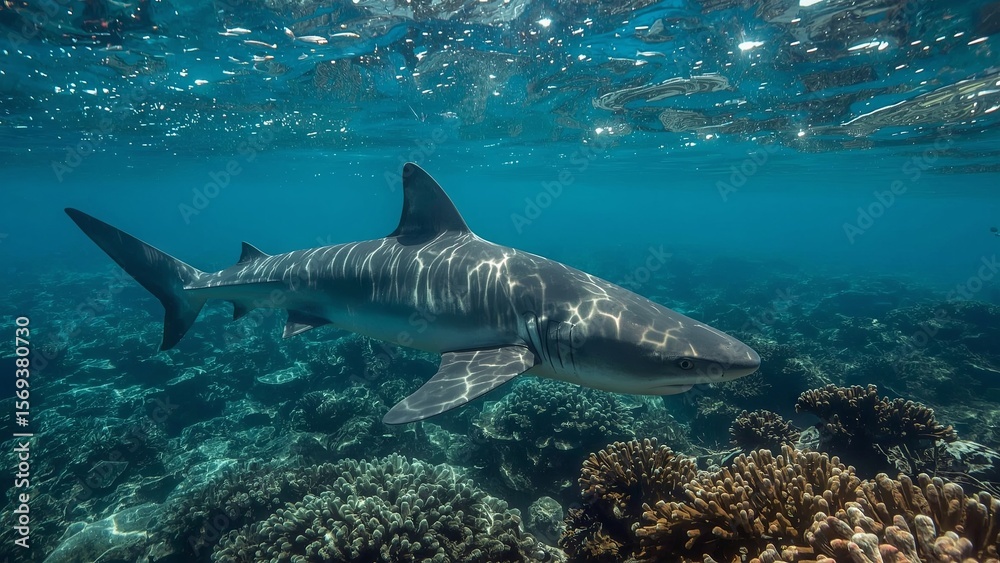 Fototapeta premium A powerful predatory shark swims through the deep, mysterious waters of oceans and seas, symbolizing strength, danger, survival, marine life, fear, and the untamed force of nature beneath the surface