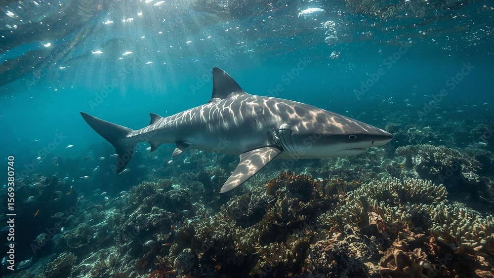 Fototapeta premium A powerful predatory shark swims through the deep, mysterious waters of oceans and seas, symbolizing strength, danger, survival, marine life, fear, and the untamed force of nature beneath the surface