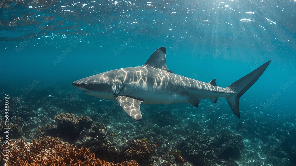 Fototapeta premium A powerful predatory shark swims through the deep, mysterious waters of oceans and seas, symbolizing strength, danger, survival, marine life, fear, and the untamed force of nature beneath the surface
