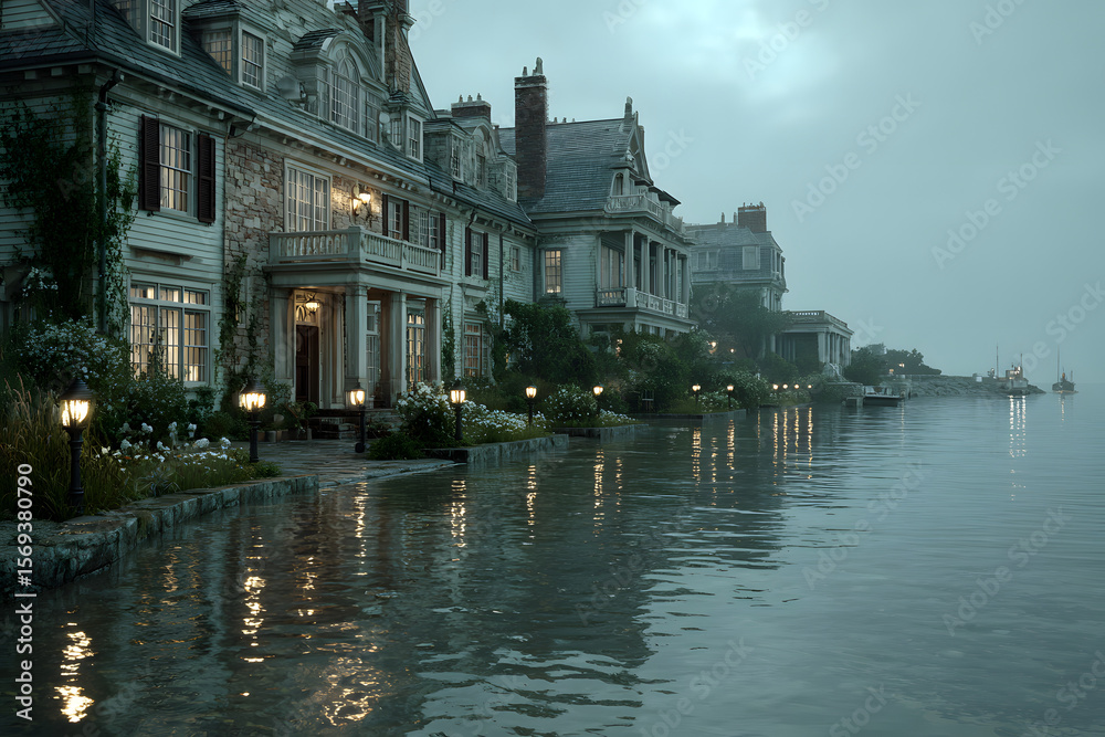 Fototapeta premium coastal luxury houses with rising tide flooding gardens, sea level rise impact
