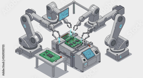 Isometric vector illustration of industrial robotics and automation for innovative technology design