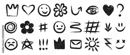 Abstract hand drawn elements punk graffiti doodles and swirls of different shapes, Smileys crown stars arrows and various symbols drawn with chalk or pencil, Vector elements isolate.